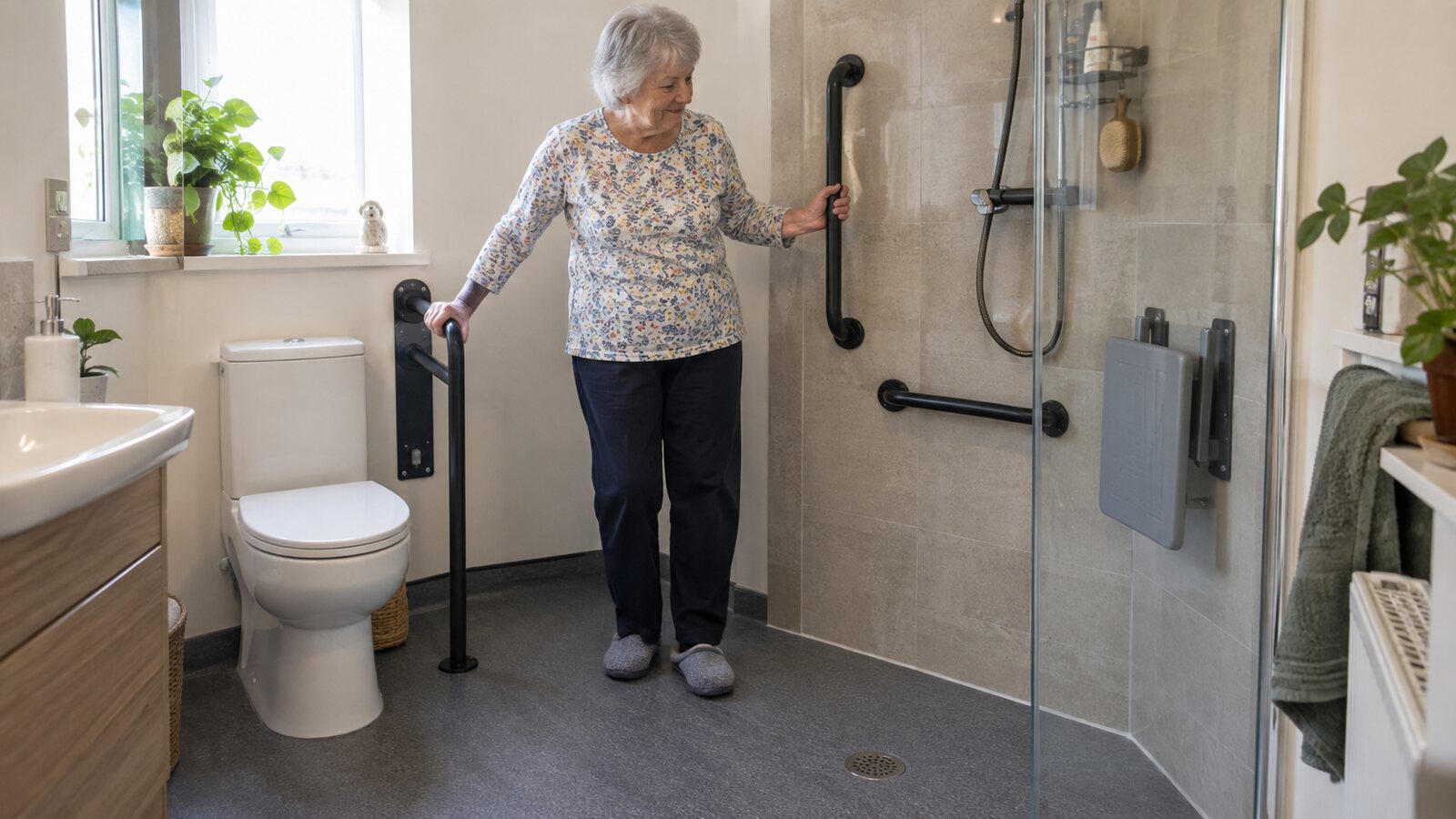 An older woman trying properly positioned support rails in an adapted bathroom