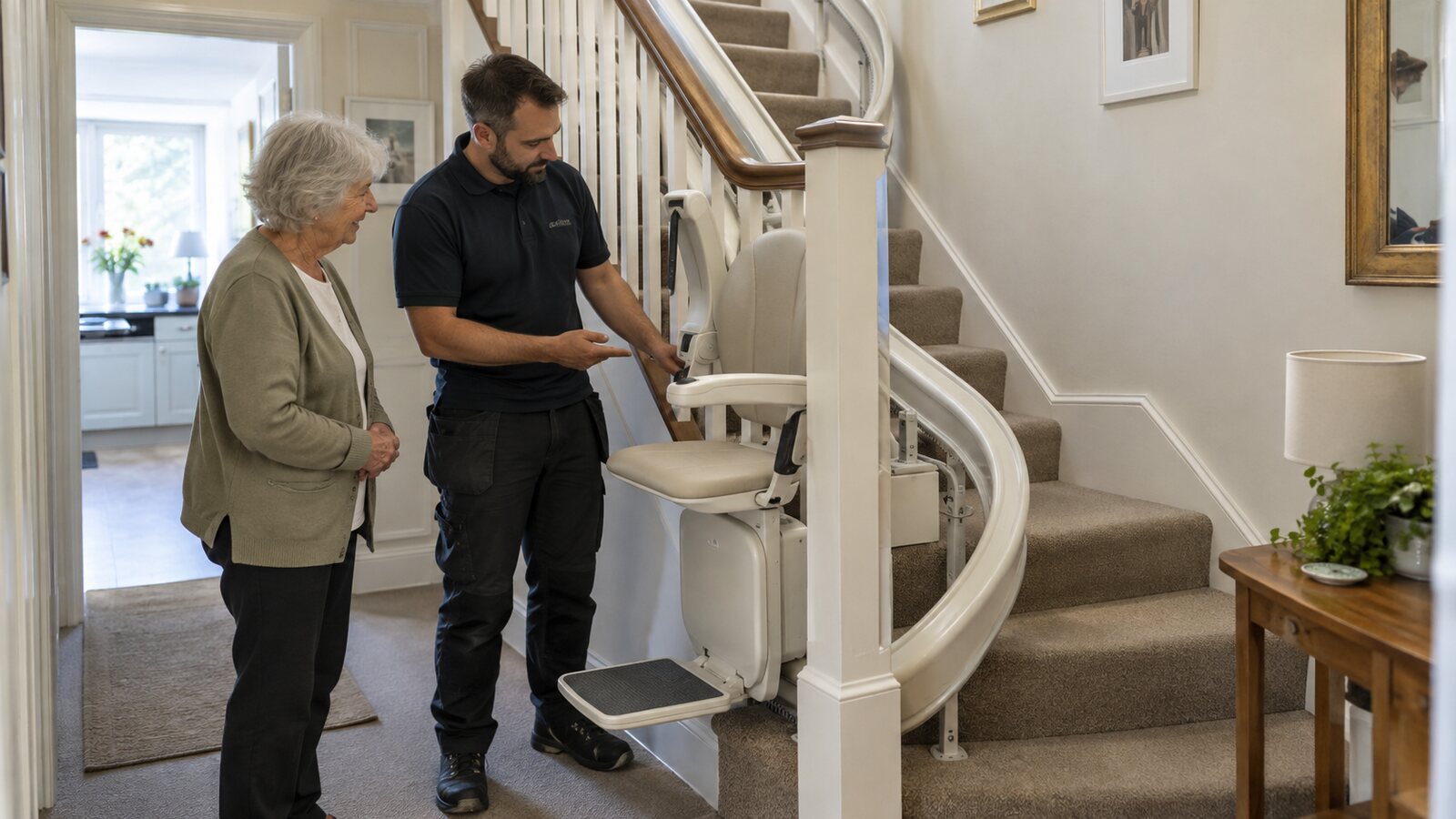An older woman discussing a curved stairlift beside a half landing