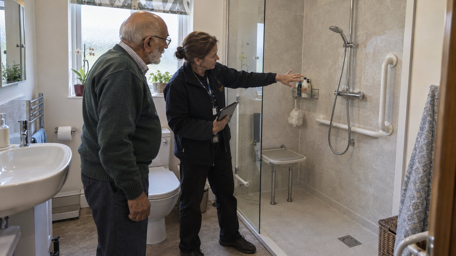 An older man discussing a level-access shower with an assessor