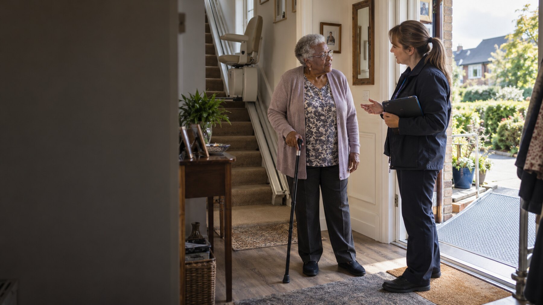 An older woman discussing home access with an adaptation adviser in a British home