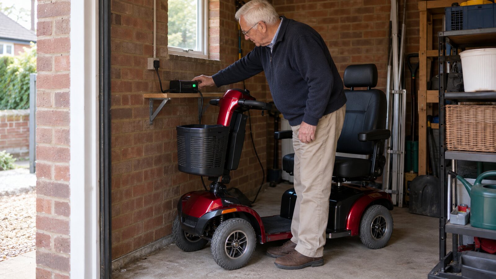 A mobility scooter stored and charged in a dry secure domestic store