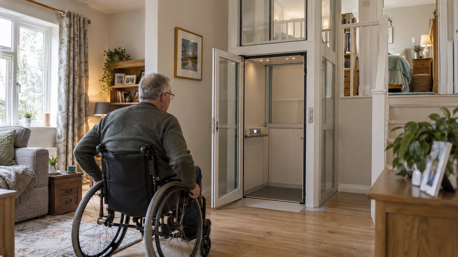 A wheelchair user approaching a through-floor lift in an ordinary home